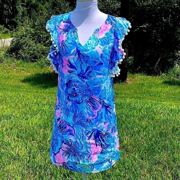 Lilly Pulitzer Astara Saltwater Blue Shade Seekers Linen Mini Pom Pom Trim NWT - Picture 1 of 15